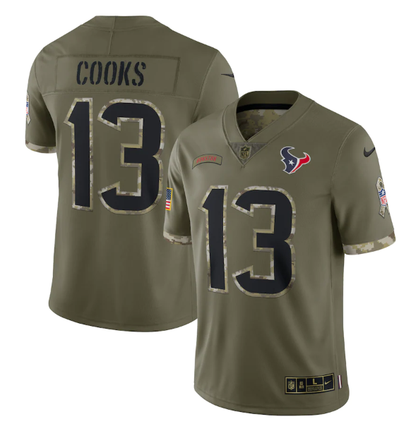Men's Houston Texans #13 Brandin Cooks Olive 2022 Salute To Service Limited Stitched Jersey Men's Houston Texans #13 Brandin Cooks Olive 2022 Salute To Service Limited Stitched Jersey
